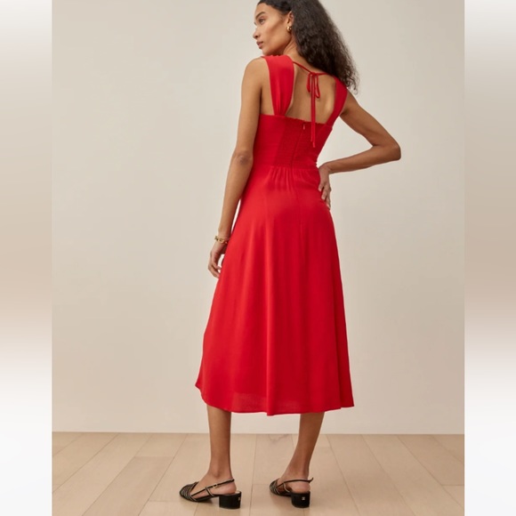 Reformation | Red Tayler Midi Dress Size 4 Sweetheart Neck Ties Back - Picture 5 of 9